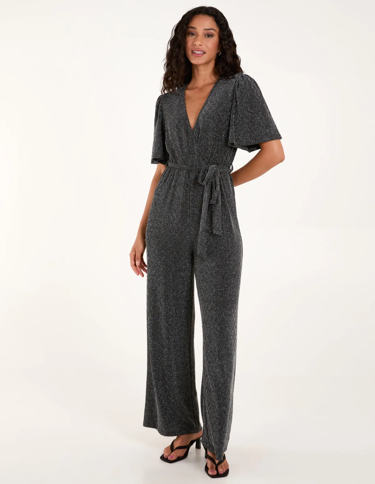 Lurex Belted Waist Flared Jumpsuit