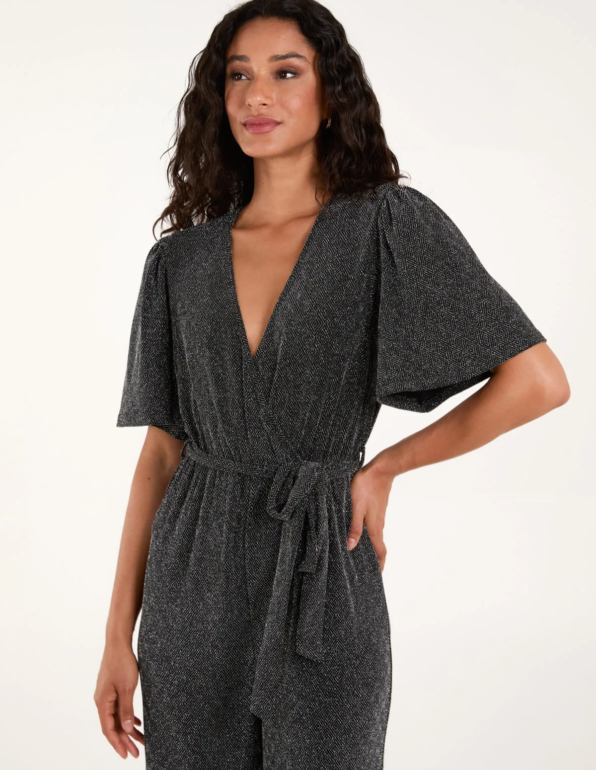 Lurex Belted Waist Flared Jumpsuit