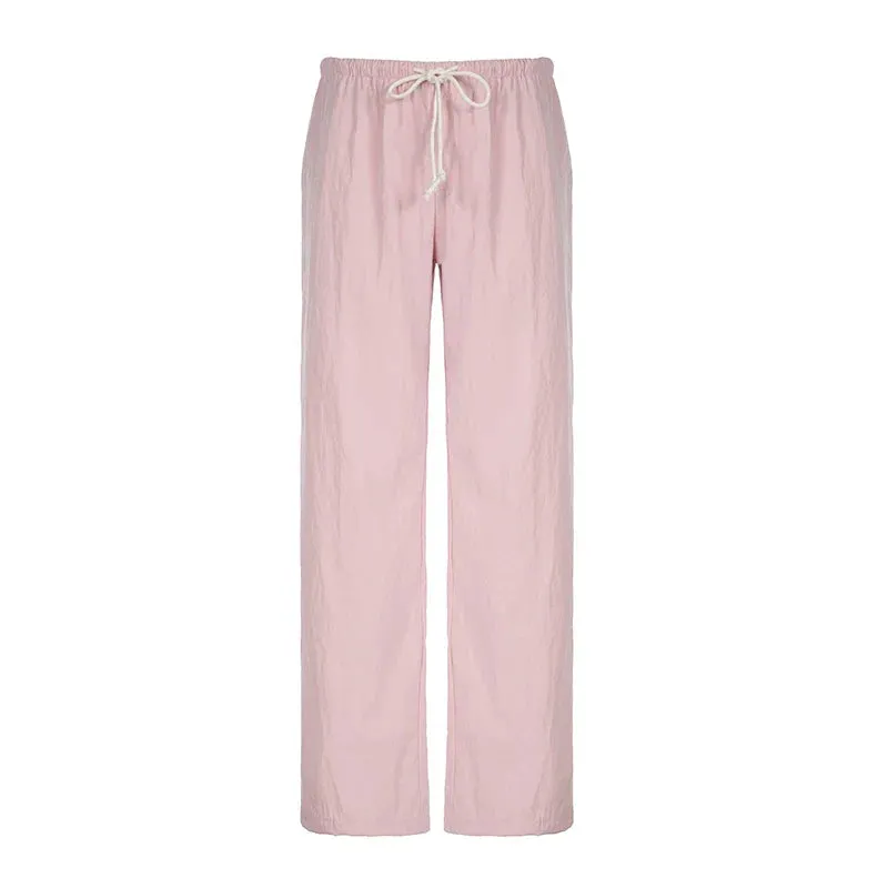 Metaversmall Casual Loose Solid Drawstring Basic Women Pants Homewear Korean All-Match Full Length Trousers Pink Sweet Capris New