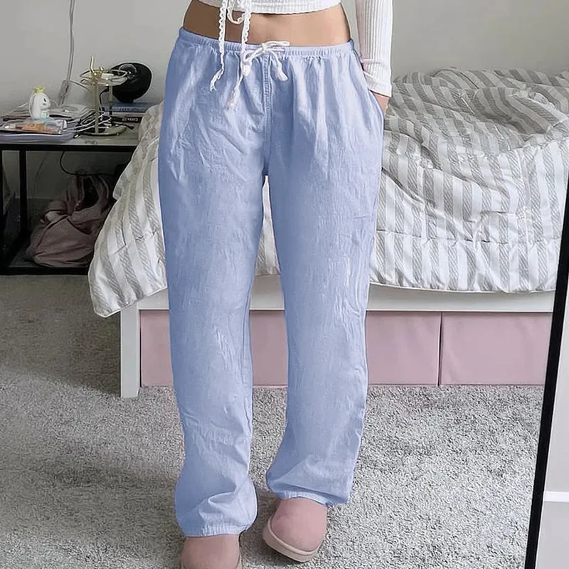 Metaversmall Casual Loose Solid Drawstring Basic Women Pants Homewear Korean All-Match Full Length Trousers Pink Sweet Capris New