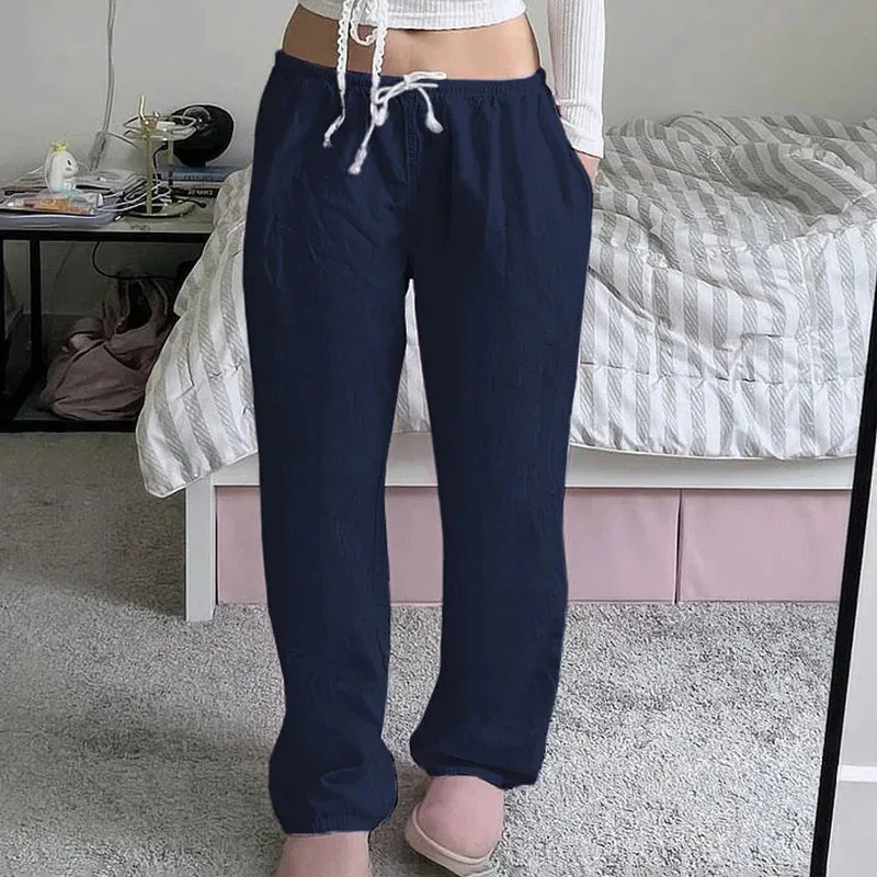 Metaversmall Casual Loose Solid Drawstring Basic Women Pants Homewear Korean All-Match Full Length Trousers Pink Sweet Capris New
