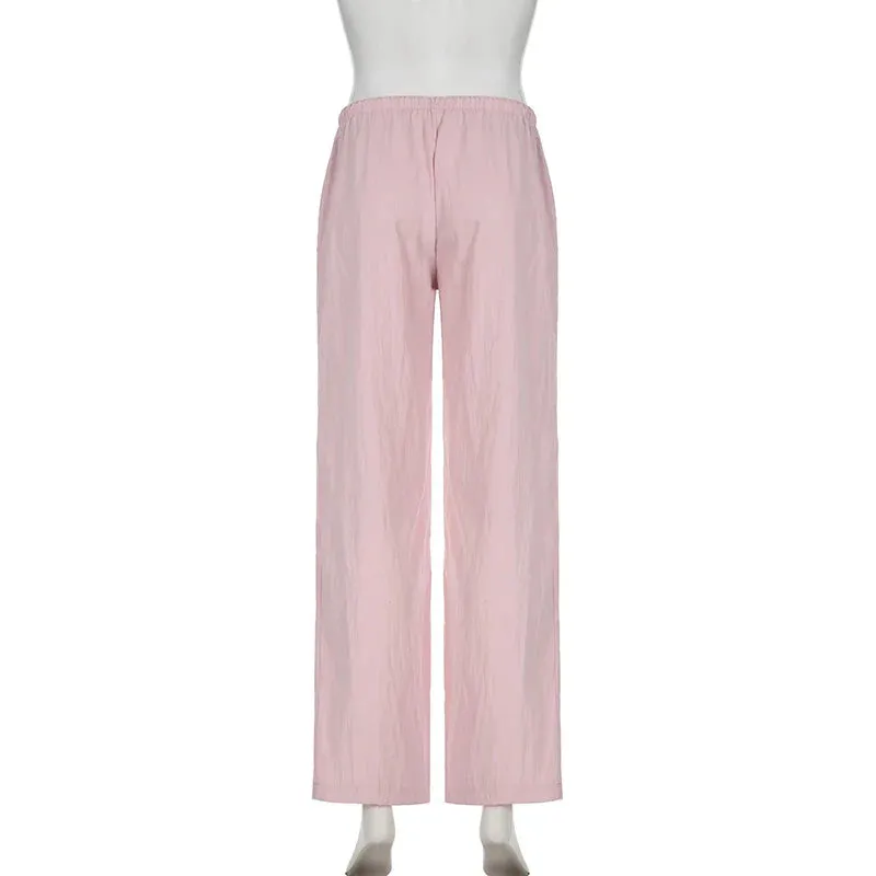 Metaversmall Casual Loose Solid Drawstring Basic Women Pants Homewear Korean All-Match Full Length Trousers Pink Sweet Capris New