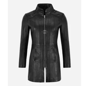 Midnight Trench Jacket Ladies Black Mid Length Long Leather Jacket