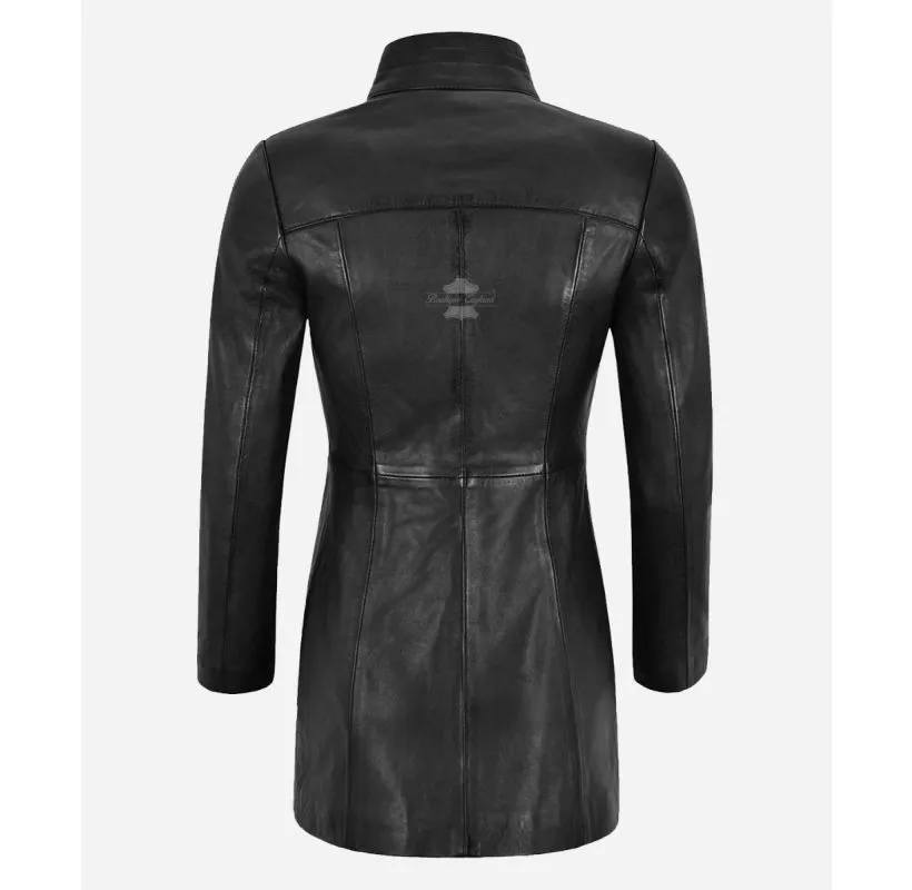 Midnight Trench Jacket Ladies Black Mid Length Long Leather Jacket