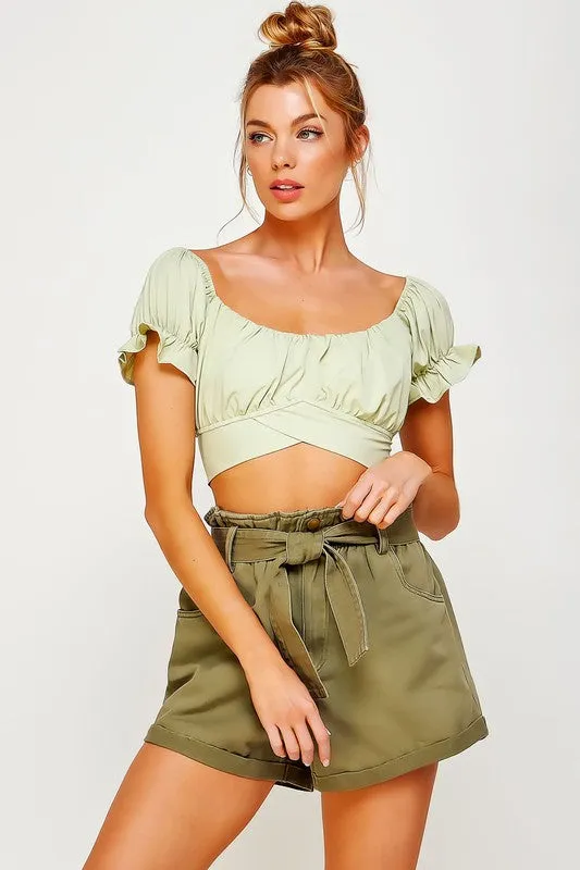 Off The Shoulder Crop Top Ruffle Short Sleeve Sexy Casual Shirt Blouse KESLEY