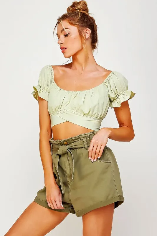 Off The Shoulder Crop Top Ruffle Short Sleeve Sexy Casual Shirt Blouse KESLEY