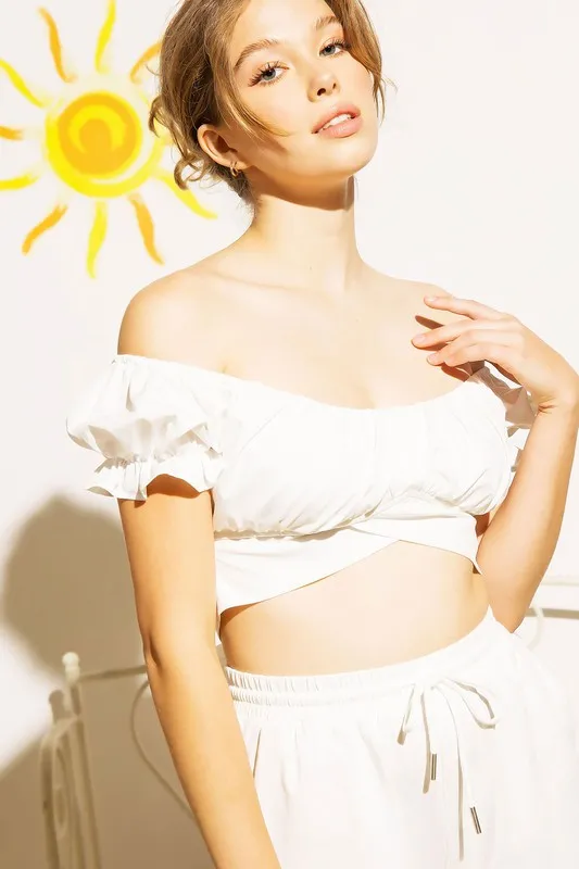 Off The Shoulder Crop Top Ruffle Short Sleeve Sexy Casual Shirt Blouse KESLEY