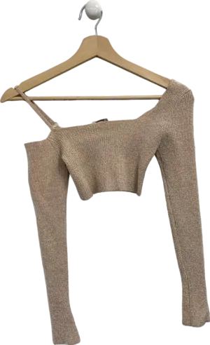 Oh Polly Beige Ribbed Off-Shoulder Crop Top UK S