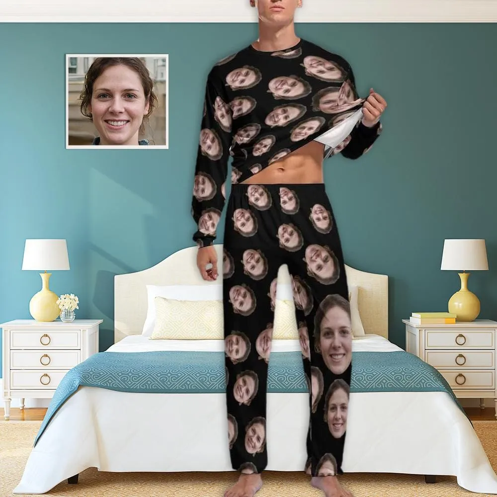 Personalized Pajamas Black with Girlfriend Face Men's Sleepwear Custom Men's Crew Neck Short Sleeve Pajama Set