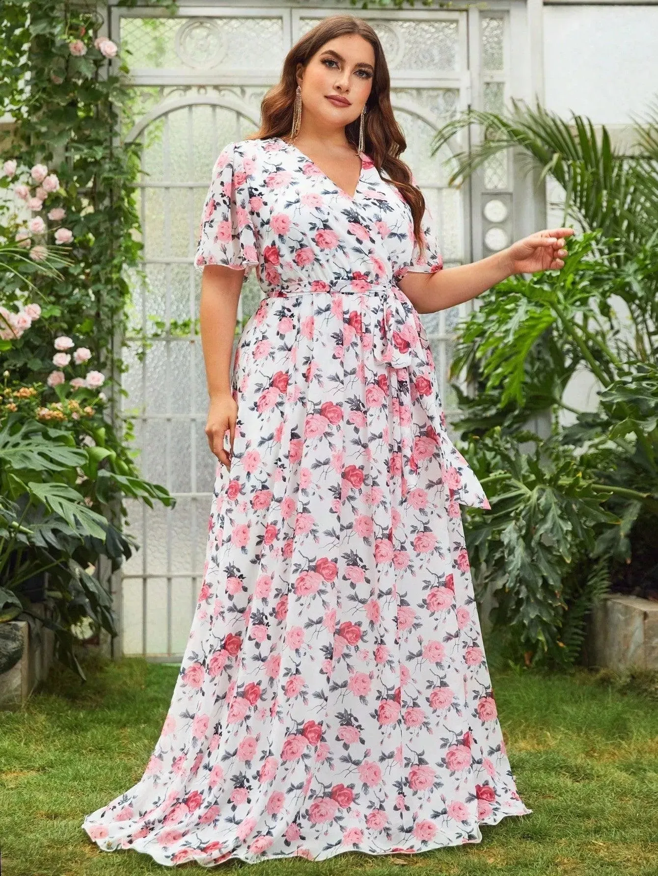 Plus Surplice Neck Floral Printed Chiffon Belted Dress