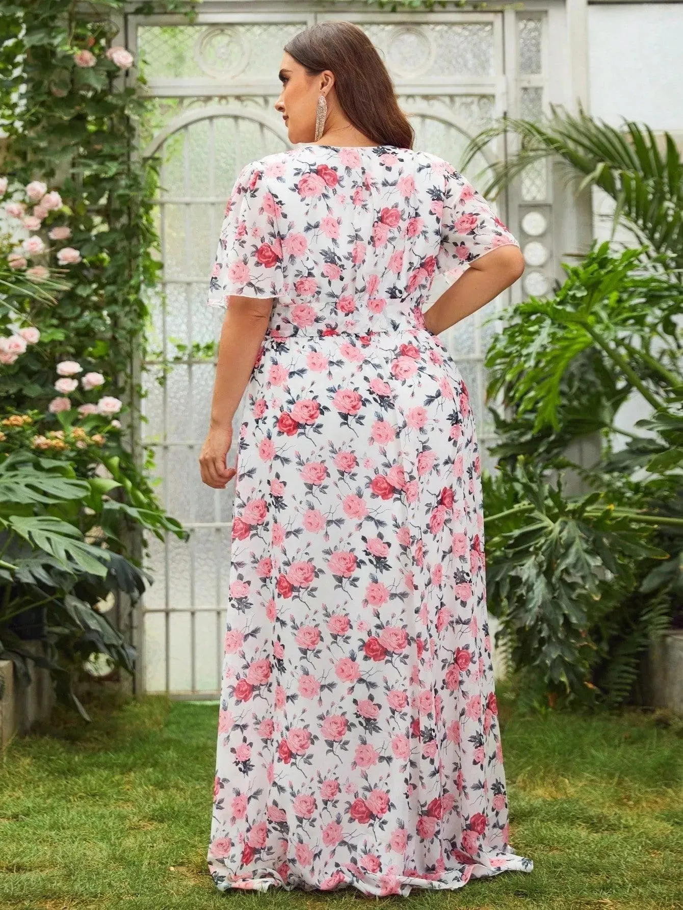 Plus Surplice Neck Floral Printed Chiffon Belted Dress