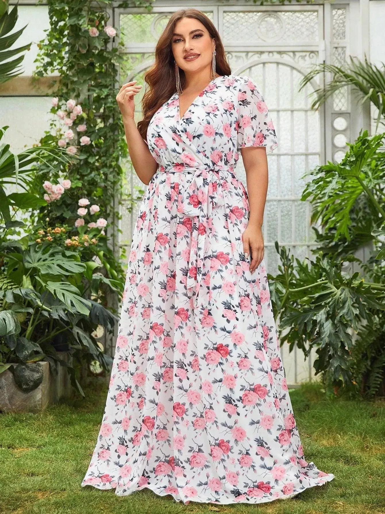 Plus Surplice Neck Floral Printed Chiffon Belted Dress