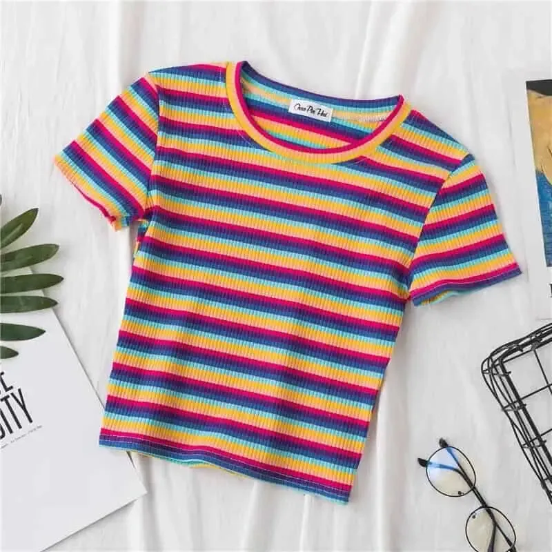 Rainbow Striped Slim Fit Top Blouse
