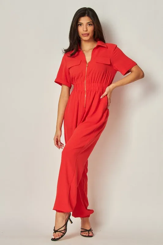 Red Airflow Front Zip Closure Jumpsuit