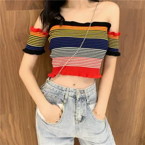 Ruffles Knitted Striped Sexy Off Shoulder Crop Tops