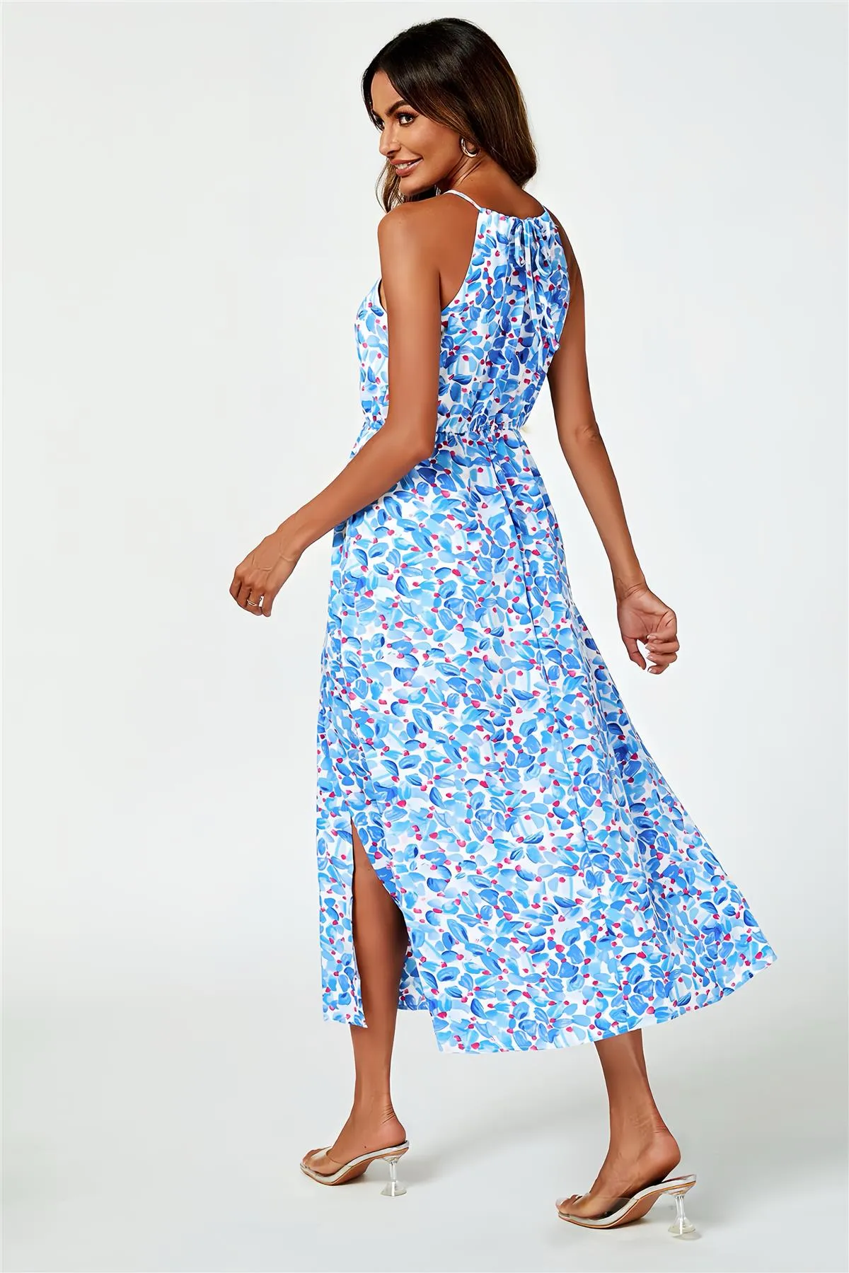 Tie Halterneck Floral Print Split Maxi Dress In Blue