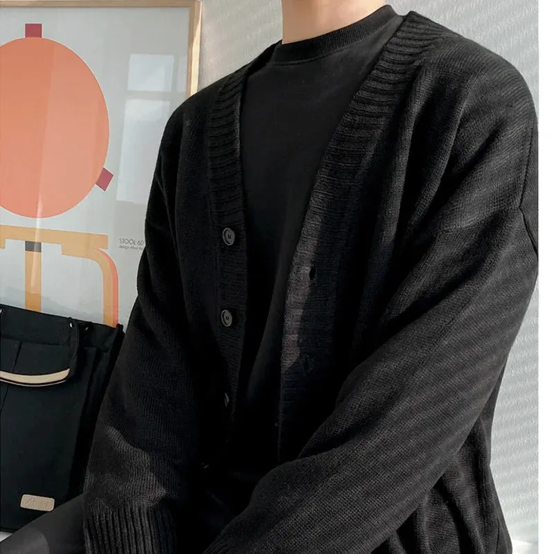 WIAOFELLAS  -  Single Korean Breasted V Collar Kintted Cardigan Sweater Men's Outerwear Trendy Handsome Mens Knitwear Spring Autumn 2Y4422