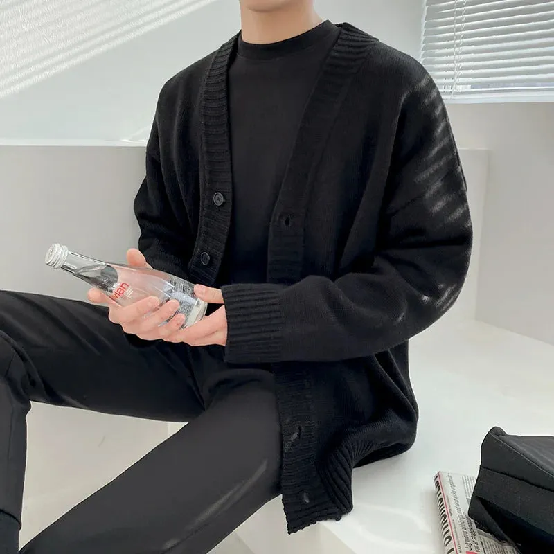 WIAOFELLAS  -  Single Korean Breasted V Collar Kintted Cardigan Sweater Men's Outerwear Trendy Handsome Mens Knitwear Spring Autumn 2Y4422