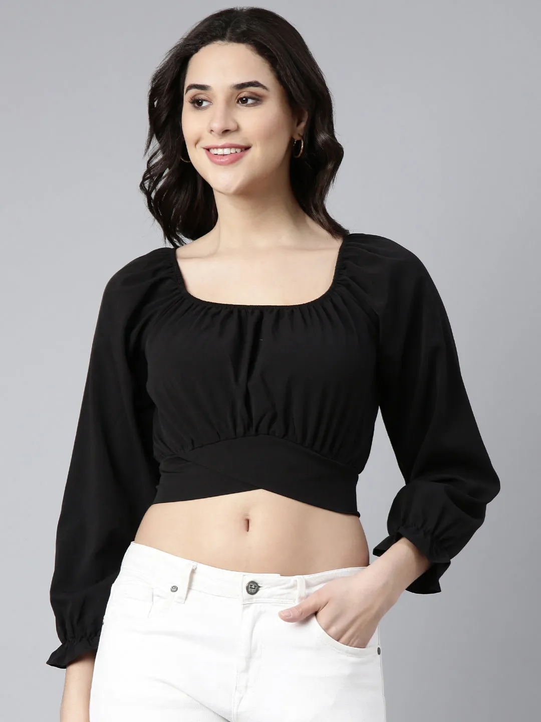 Women Solid Black Blouson Crop Top
