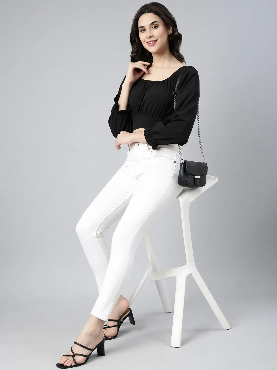 Women Solid Black Blouson Crop Top