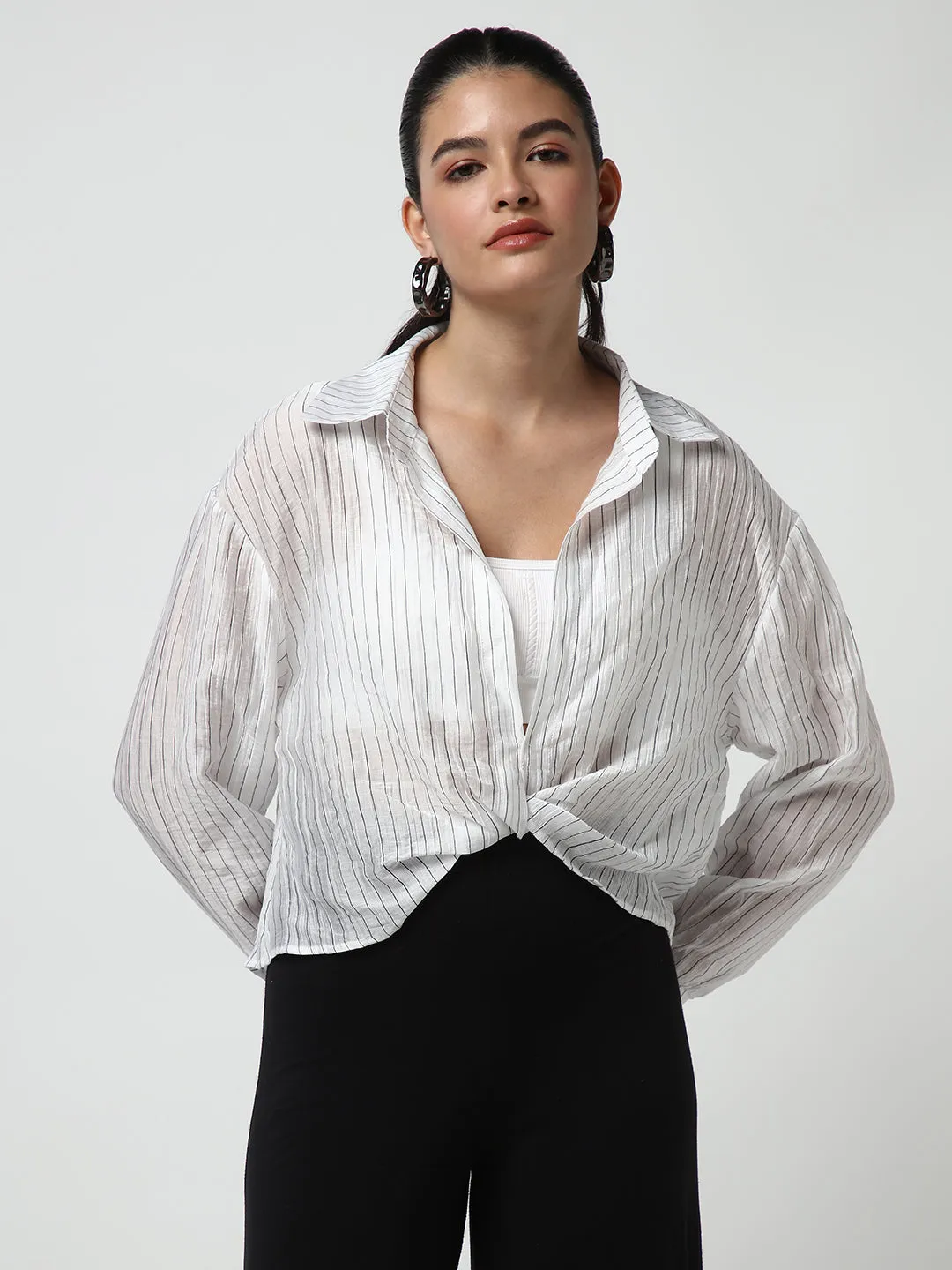 Women White Striped Shirt Style Crop Top