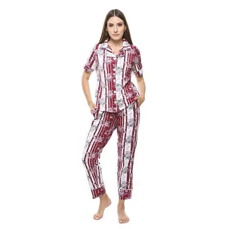 Women's Summer Floral Print Pajama Set - Dark Red