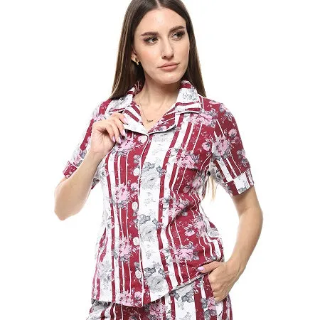 Women's Summer Floral Print Pajama Set - Dark Red