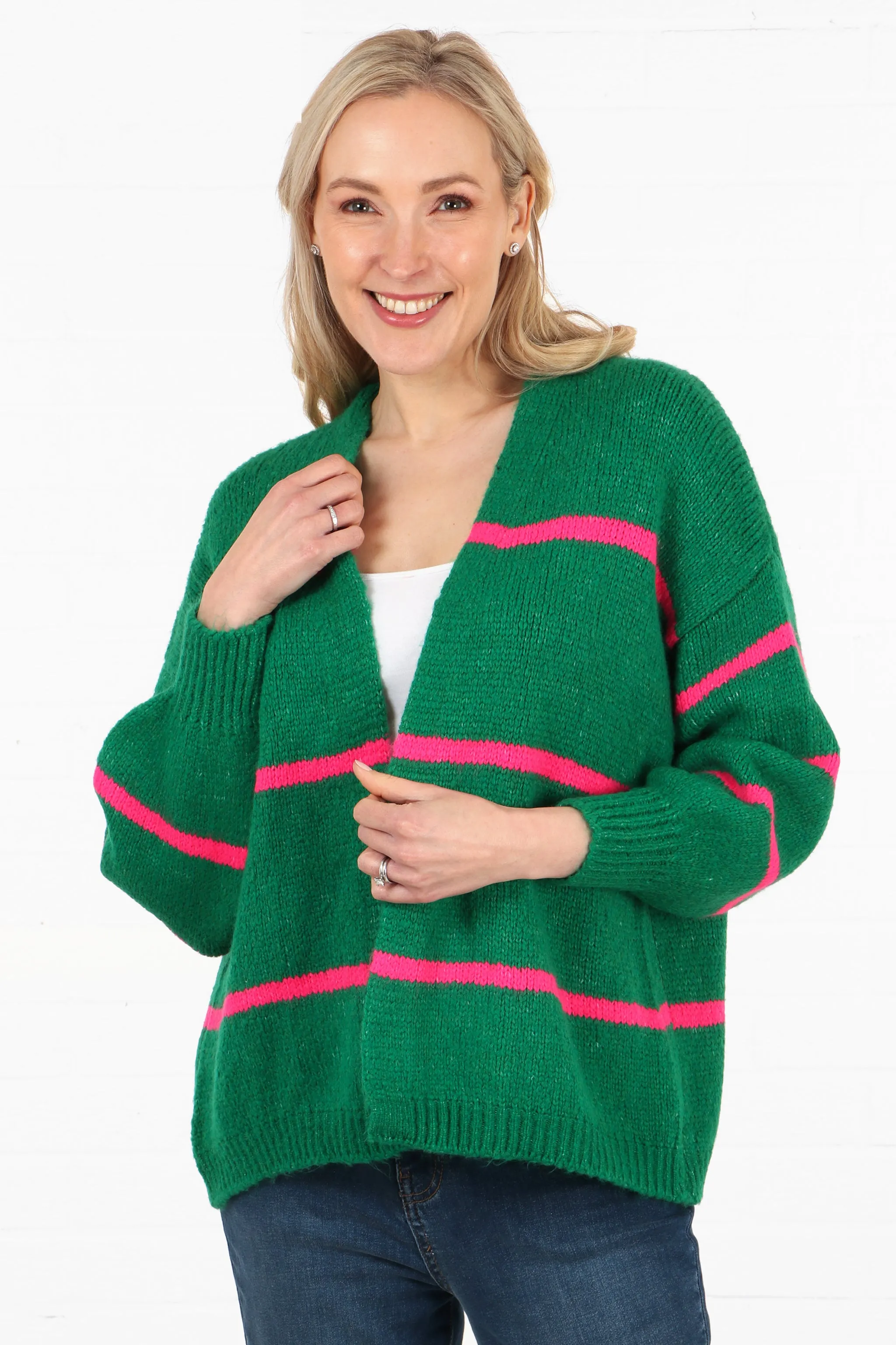 Wool Blend Open Front Cardigan Thin Stripes in Green and Fuchsia