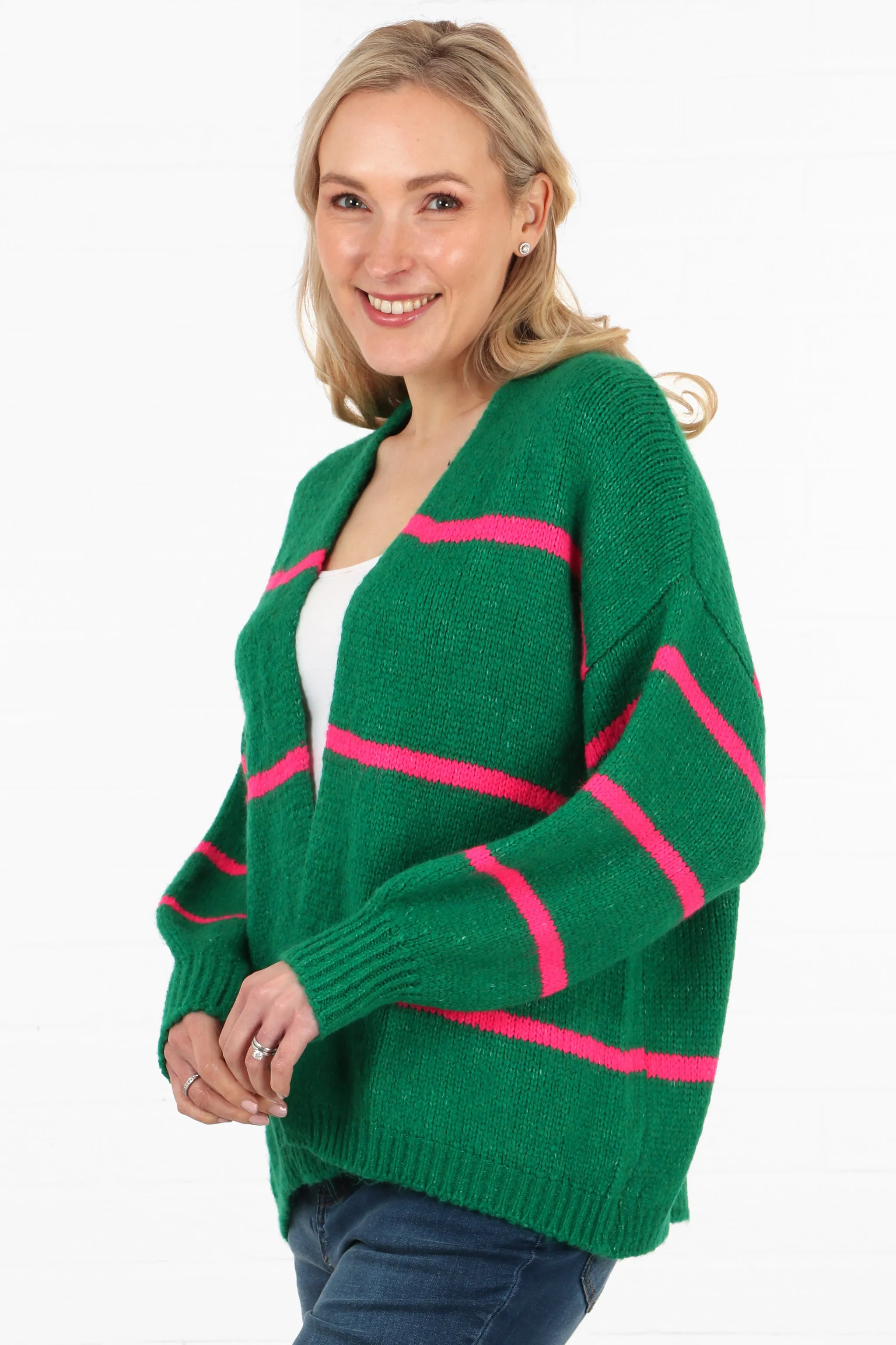 Wool Blend Open Front Cardigan Thin Stripes in Green and Fuchsia