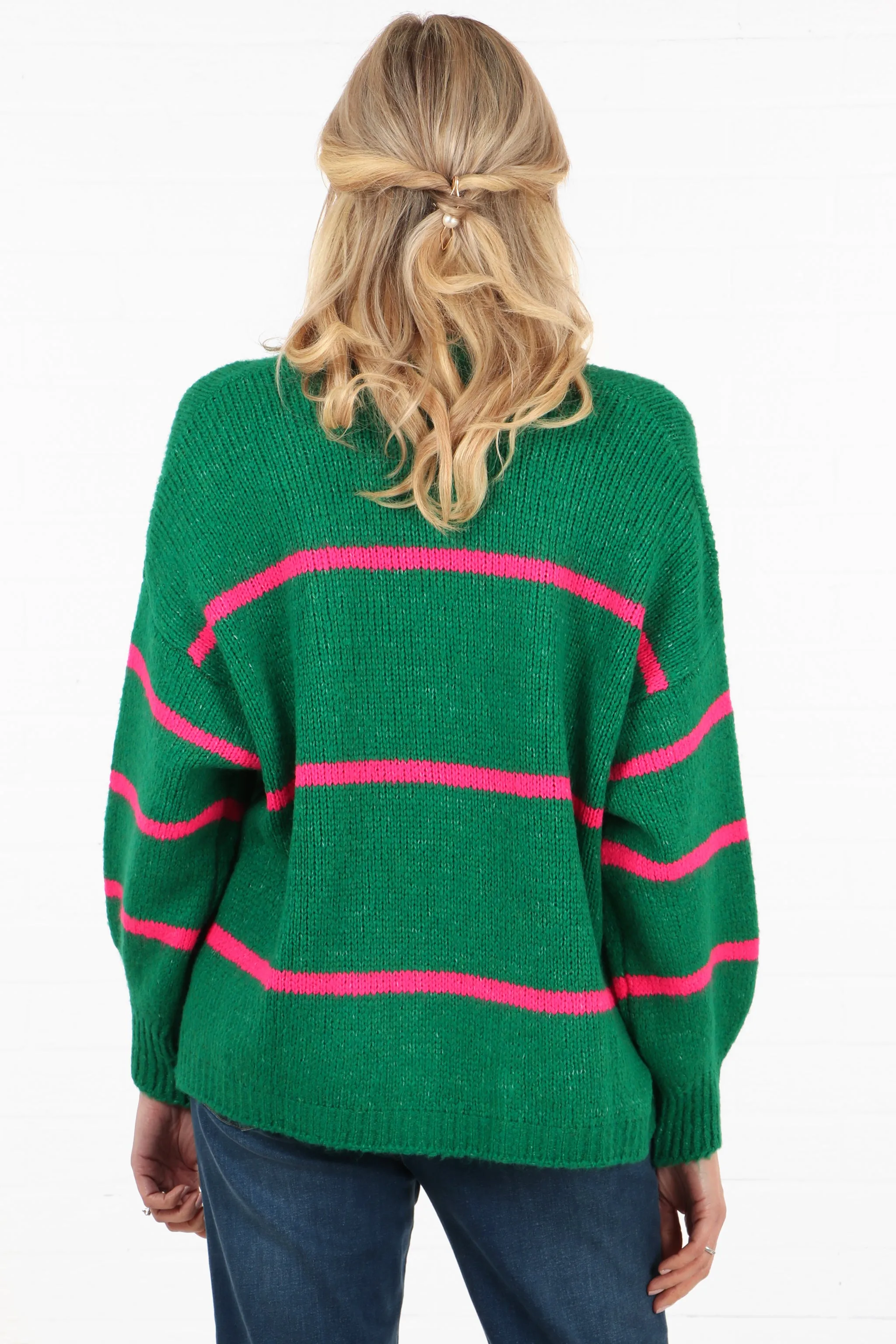 Wool Blend Open Front Cardigan Thin Stripes in Green and Fuchsia
